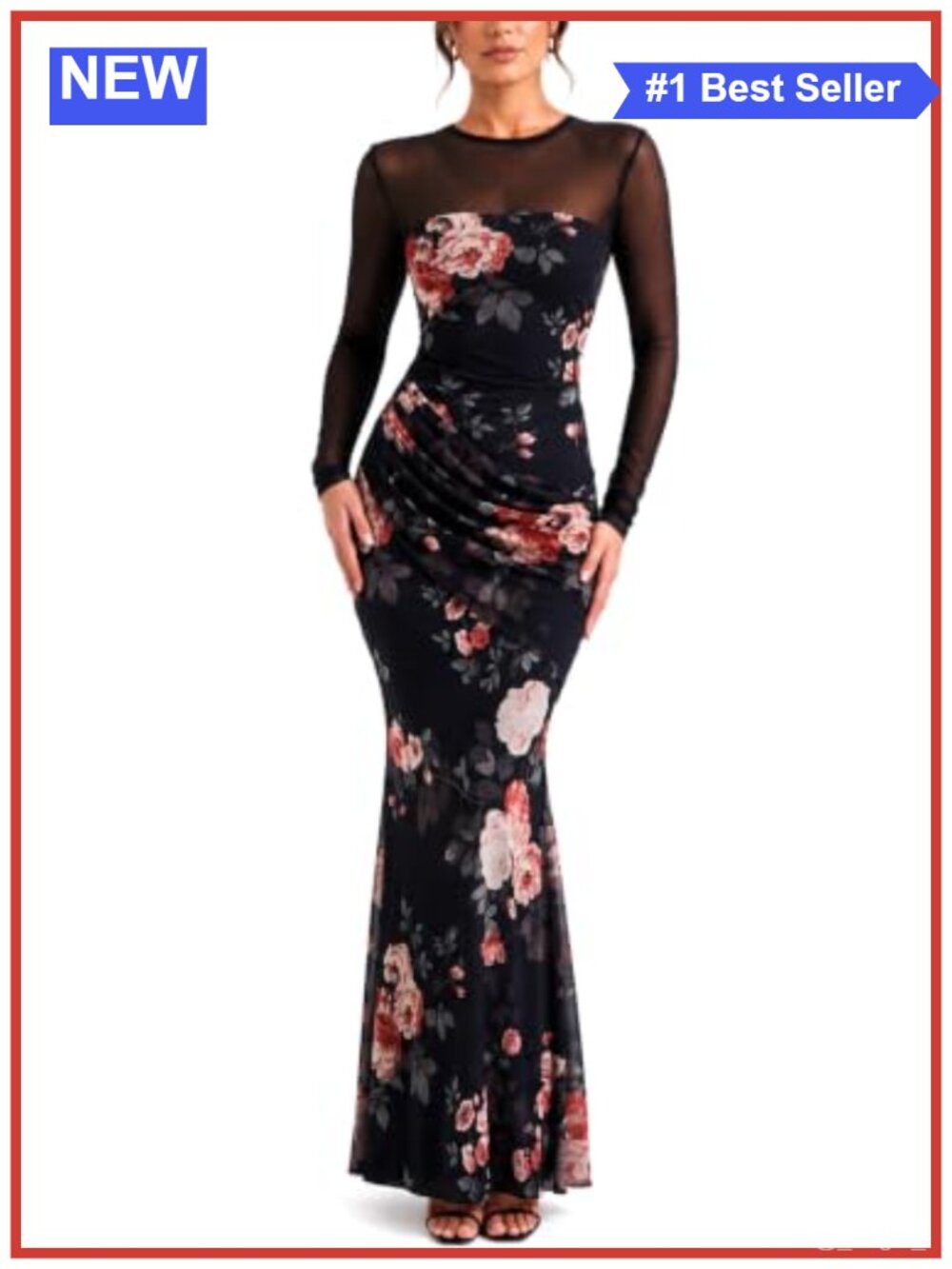 Women's Mesh Floral Long Sleeve Bodycon Mermaid Cocktail Maxi Dress
